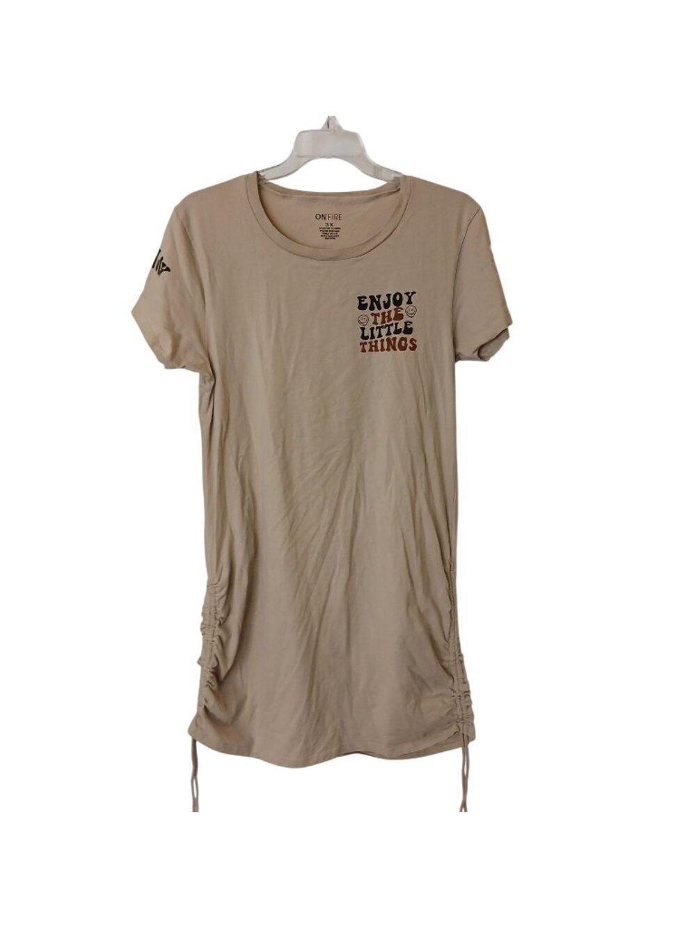 On Fire 3X Enjoy The Little Things Graphic Dress Side Drawstrings Beige #I-6